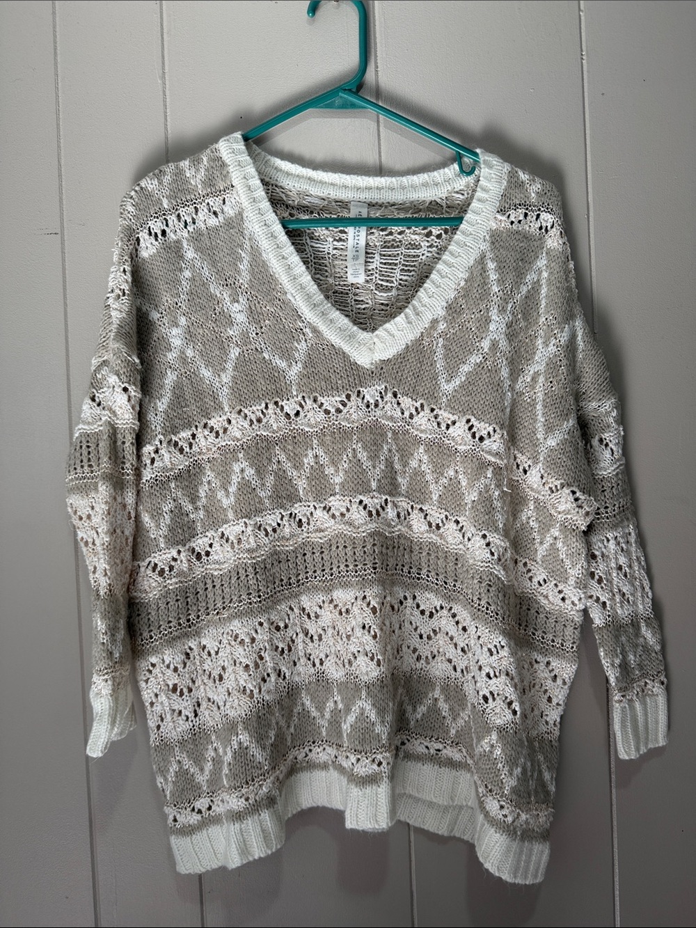 Aeropostale Taupe & White Openwork V-Neck Pullover